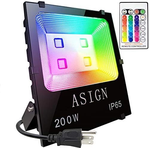 ASIGN 200W RGB LED Flood Lights, Indoor Outdoor Decoration Light Waterproof Color Changing LED Security Light with Remote Control, Dimmable Wall Washer Lights with US 3-Plug by ASIGN