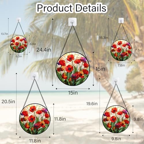 Red Poppy Flower Stained Glass Window Hanging Suncatcher Gifts for Mom 9.8" - Image 6