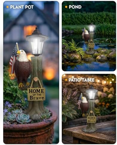 14x6 Inch Eagle Outdoor Solar Statue, Resin Garden Decor Outdoor Waterproof, Eagle Statue with American Flag for Patios, Yards, Home of the Brave Yard Lawn Gift for Mom Dad Grandpa - Image 5