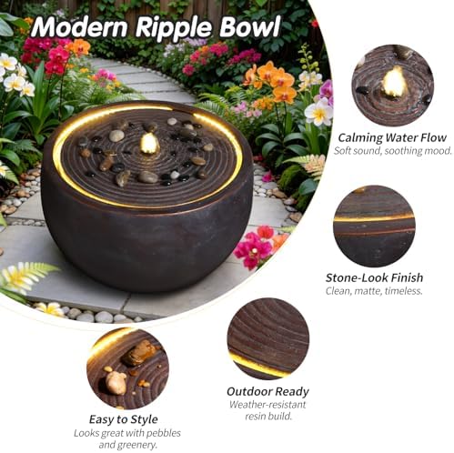 Rusted Ripple Fountain w/Warm LED, Resin Indoor Outdoor Zen Decor - Image 4
