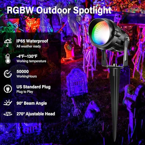 Halloween Christmas Spotlight Outdoor Color Changing Landscape Spotlights,12W RGBW LED Outdoor Spot Lights for Yard Garden Decor,Waterproof 110V Plug in Landscape Lighting with Remote,8 Packs - Image 2