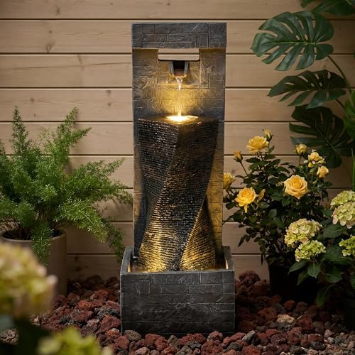 Redlife 39" Outdoor Waterfall Fountain, Modern Wall Water Feature with LED Lights, Resin Floor Standing Fountain with Adjustable Pump, Tall Patio Garden Backyard Decor by Redlife