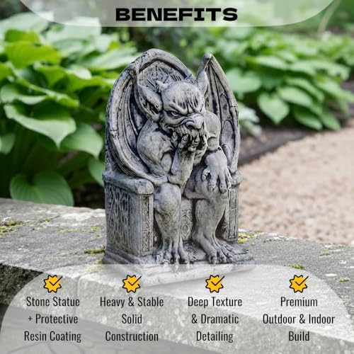 OLOMA Sitting Throne Gargoyle Concrete Garden Statue Winged Demon Sculpture Gothic Outdoor Decor Yard Art Cement Guardian Ornament Handmade Fantasy Garden Accent - Image 5
