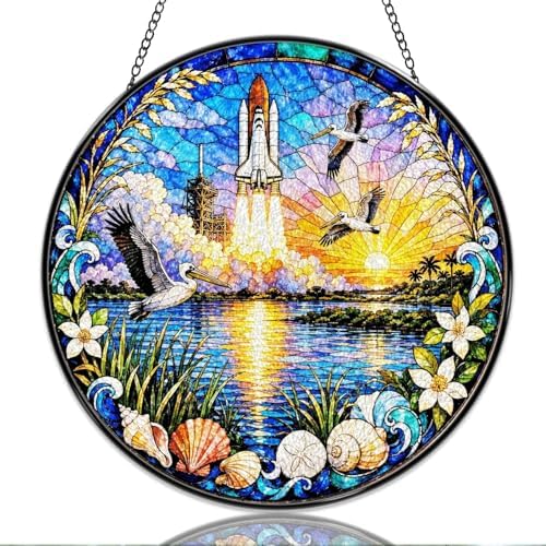 9.84 Inch Stained Glass Window Hanging Space Shuttle Launch Birds Ocean Sunset Sun Catchers Coastal Nature Landscape Suncatchers for Home Porch Garden Indoor & Outdoor Decor by Unknown
