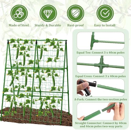 Cucumber Trellis for Raised Beds, 31 X 47 Inch Adjustable Size A-Frame Garden Trellis for Climbing Plant Outdoors with Climbing Net and Plant Support Clip for Vegetable Grape Tomato Garden Supplies - Image 3