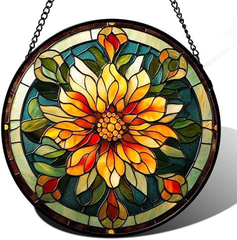 Stained Glass Window Hanging - Retro Yellow Flower Suncatcher for Door Garden Home Decor Dahlia Sun Catcher Christmas Birthday for Lovers Friend Women Mom Nana 11.8 in by JOSUMALY