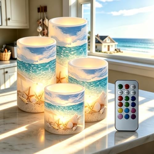 Beach Starfish Seashell Flameless Light Candles Battery Powered with Timer Remote Color Chaging Pillar Candle with Warm Yellow Color Changing Light Pack of 4 by NETILGEN