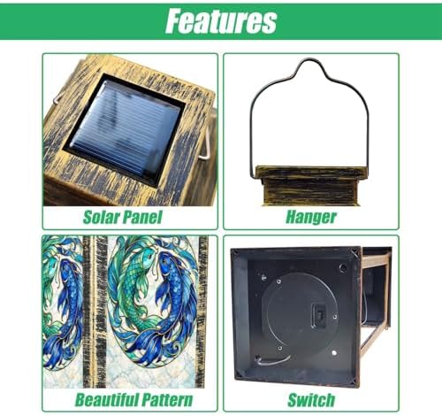 Solar Lantern Elegant Stained Glass Koi Fish Flowing Tails Turquoise Blue Outdoor Waterproof Hanging Solar Light Outside Lights for Patio Yard House Lawn Decor Birthday Gifts for Women Mom - Image 3