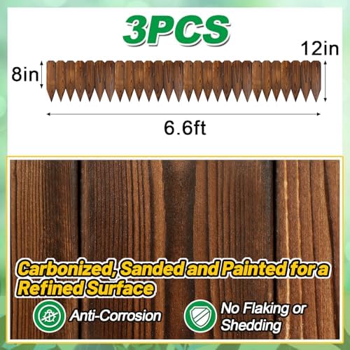 Rustic Pine Wood Garden Fence - 19.8ft Total Length (3pcs 6.6ft L*12in H) Easy to Install Sturdy Wooden Landscape Edging Border, No Fading Planter Fencing for Yard Flower Bed Lawns Pathway Tree - Image 7