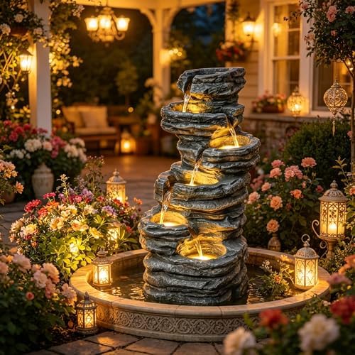 Freestanding Outdoor Fountain with Six-Tier Rock Design and LED Lighting by Noeko