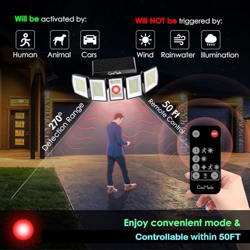 Solar Outdoor Flood Lights, 5-Head 300LED Motion Sensor Security Light, 270° Dusk to Dawn Waterproof Spotlights for wall Backyard Garage, Remote Control, 2 Pack - Image 4