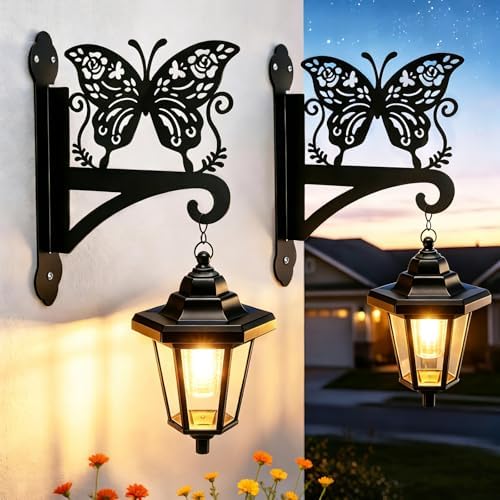 VOOKRY Solar Wall Lanterns Outdoor, Waterproof 2 Pack Hanging Lights with Butterfly Hooks, Wall Mount Sconce with 3 Solar Panels for Patio Porch Yard Garden Decor, Dusk to Dawn 2700K Warm White by VOOKRY