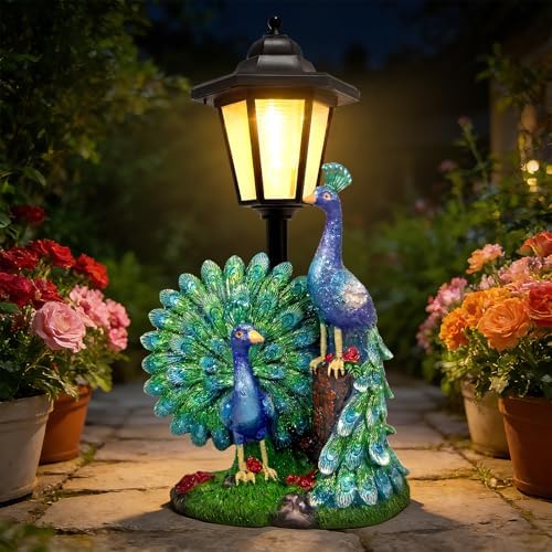 Solar Peacock Decor Outdoor, Garden Statue with Lantern by YEPOTUE