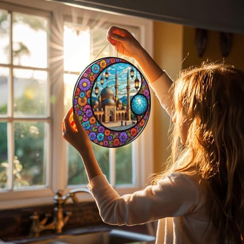Mosque with Lanterns and Flower Border Stained Glass Suncatcher 12in - Image 3