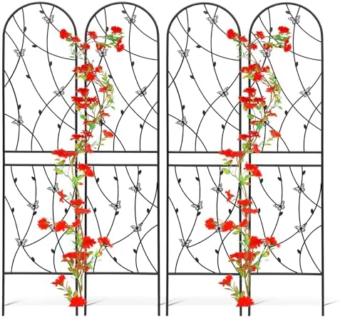 4 Pack Metal Garden Trellis 86.7" Tall Outdoor Climbing Plant Support for Roses, Flowers, Rustproof Durable Black Galvanized Tube, Lawn Garden Fence Decor Screen (4, Black flutter-86.7" H) by Sybrioka