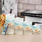 LED Light Candles for Home Decor, 4 Pcs Battery Operated with Color Changing Timer Remote, Flameless, Flickering, Fake Pillar Candles, Tea Lights, Table Decorations, Beach Starfish - Image 4