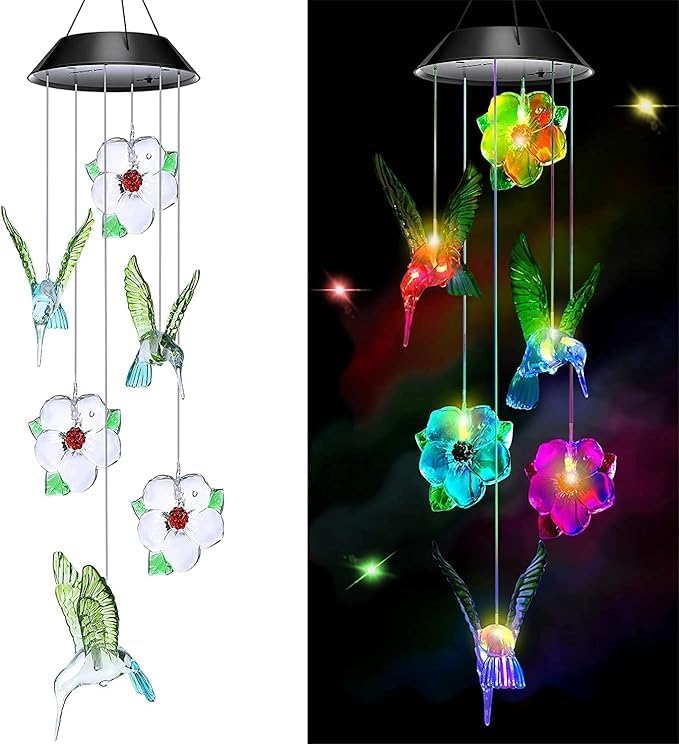 Hummingbird Solar Wind Chimes for Outside - Color Changing LED Outdoor Solar Lights Waterproof Windchimes, Home Garden Patio Yard Porch Decoration (Hummingbird Flower) by WCLC