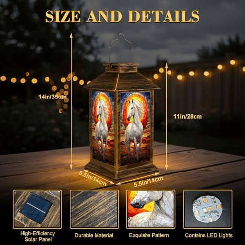 Solar Lantern Outdoor Waterproof Majestic White Horse Stained Glass Sunset Garden Decor LED Hanging Solar Lights Tabletop Lamp Gifts for Women Mom Outside Yard Patio Porch - Image 2