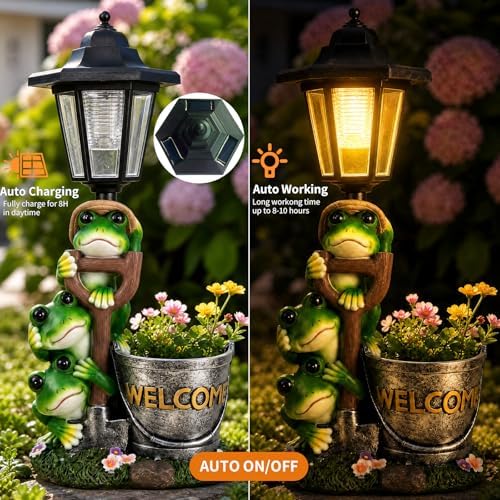 Solar Frog Garden Statue Outdoor Decor with LED Lantern & Welcome Planter - Image 5