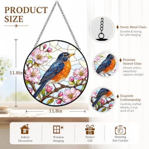 Robin and Cherry Blossom Stained Glass Window Hanging with Metal Chain - Image 3