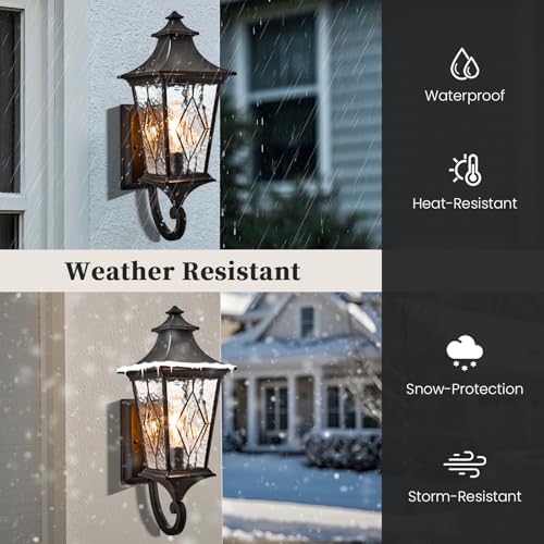 Outdoor Garage Lighting Fixtures 14.6 Inch Outdoor Wall Sconce Light Waterproof Outdoor Light Fixtures Wall Mount with Water Ripple Handmade Glass for Porch 2-Pack E26 Socket - Image 4