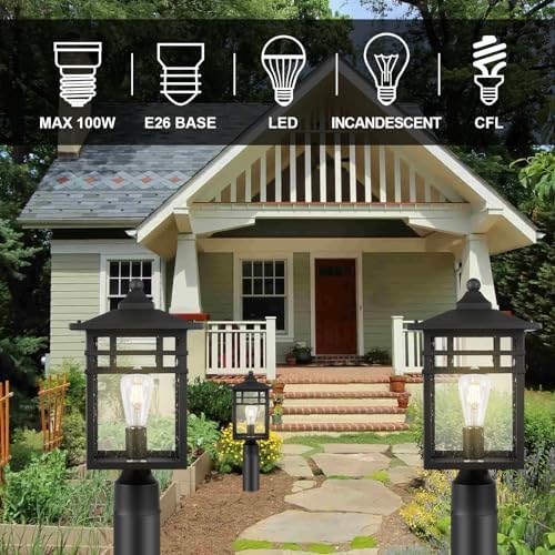 Outdoor Post Light Fixture, Large Exterior Pillar Lantern with Black Finish & Seeded Glass, 9 Inch Square Pier Mount Lamp for Garden, Backyard, Courtyard, Patio, Deck, Pathway, Walkway - Image 3