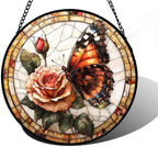 Rose Butterfly Stained Glass Window Hanging Suncatcher Gift for Women 9.8" by DASTOLL