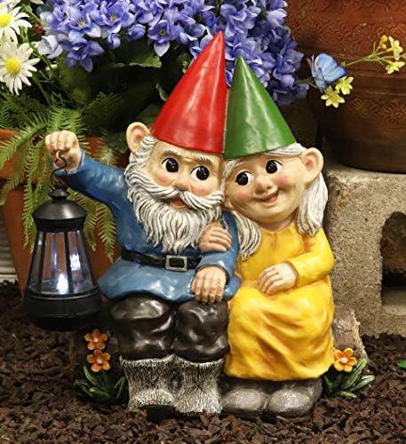 Ebros Large Grow Old with Me Mr and Mrs Gnome On Tree Log Holding Out Solar LED Lantern Light Statue 13.5" Tall for Patio Garden Lawn Home Decor Whimsical Gnomes Figurine - Image 4