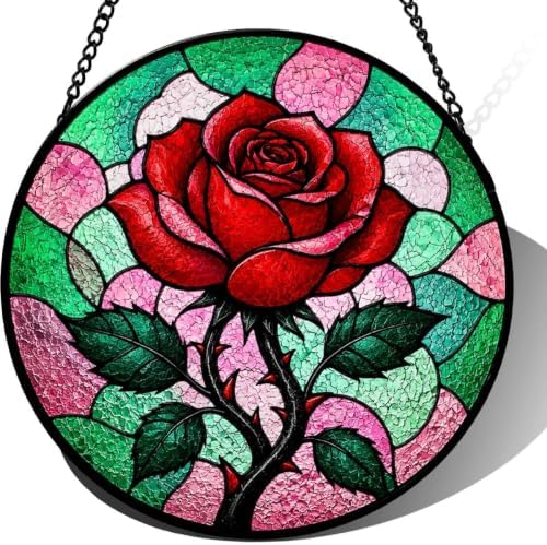 Stained Glass Rose Suncatcher Window Hanging, Floral Art Glass Panel Decor for Home, Unique Gift for Mom, Wife, Birthday, Anniversary, Valentine's Day, for Her. 9.8 Inch by Unknown