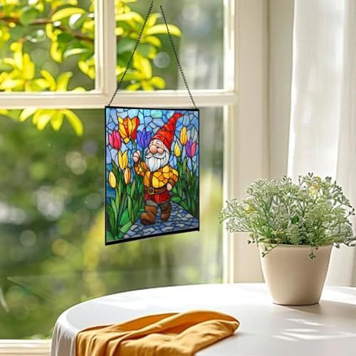 Gnome with Tulip Parade Stained Glass Suncatcher – Square Hanging Window Panel for Home or Greenhouse – Whimsical Glass Art Gift for Garden Lovers, Christmas, Halloween, Father Days ScCBi1 - Image 3