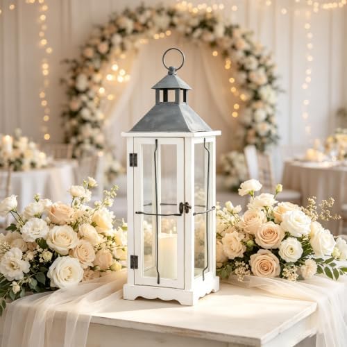 Bdor 26 Inch White Wooden Lantern with LED Candle for Indoor Outdoor Decor - Image 3