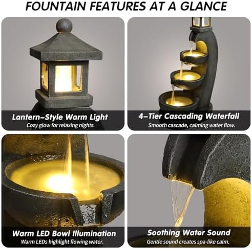 35.4" Outdoor Water Fountain, 3 Tier Bowl Cascading Freestanding Water Fountain, Lantern Style Garden Water Feature with LED Lights, Suitable for Patio Yard Porch Landscape, Grey - Image 3