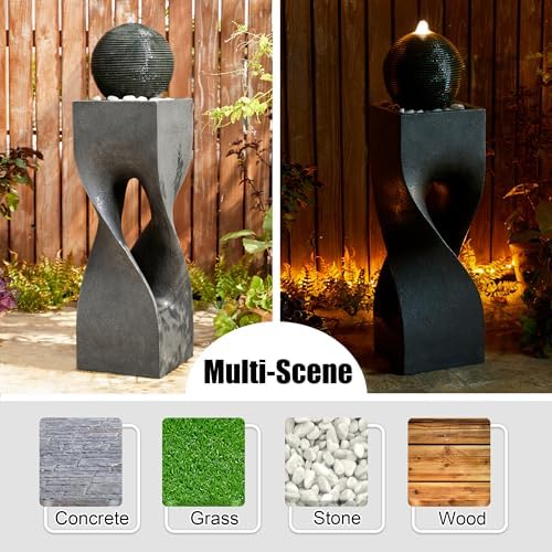 Glitzhome Modern Geometric Outdoor Water Fountain with LED Light, Oversized Pedestal Water Fountains with Submersible Pump, Sphere Floor Standing Fountain with Pebbles for Garden Patio Decor, 40.5”H - Image 4