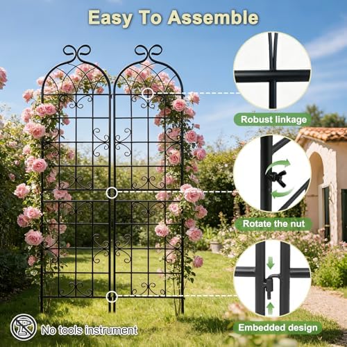 2.2M（86.7" H x 19.7" W） Black Iron Garden Trellis for Climbing Plants, 4PCS Metal Flower Support with Scroll Design & Powder Coating, Outdoor Decor for Roses, Vines, Patio, Yard, Fence - Image 4