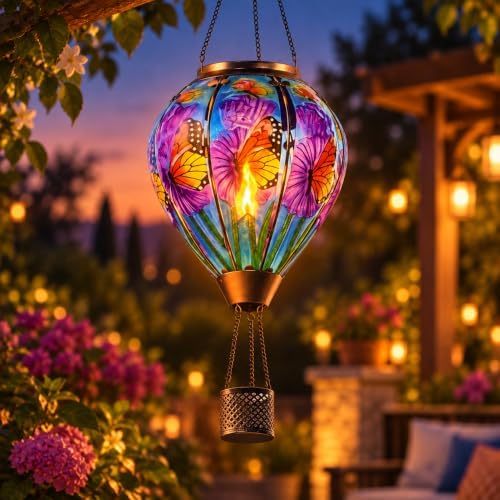 Butterfly Solar Hot Air Balloon Lantern, Glass Flickering Flame Light - Image 5