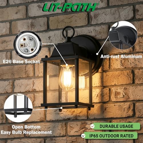 LIT-PaTH Outdoor Wall Light Fixture, Aluminum Glass, Black, 2 Pack - Image 2