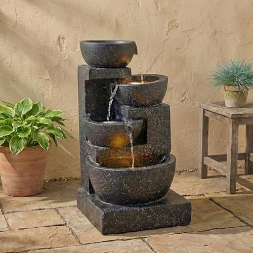 29" H Terrazzo Style Outdoor Water Fountain, 4-Tier Cascading Bowls with Stacked Stone Design and LED Lights, Freestanding Resin Water Feature for Garden Patio Porch by FammyLoft