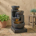 29" H Terrazzo Style Outdoor Water Fountain, 4-Tier Cascading Bowls with Stacked Stone Design and LED Lights, Freestanding Resin Water Feature for Garden Patio Porch by FammyLoft