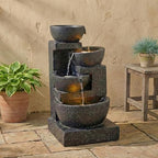 29" H Terrazzo Style Outdoor Water Fountain, 4-Tier Cascading Bowls with Stacked Stone Design and LED Lights, Freestanding Resin Water Feature for Garden Patio Porch by FammyLoft