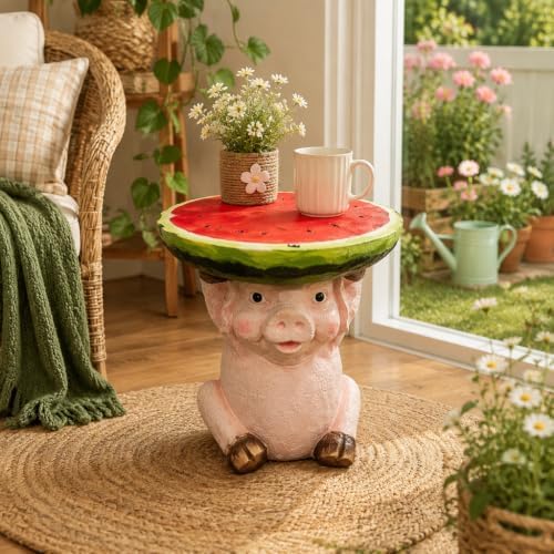 Cute Pig Side Table, Resin Watermelon End Table, 13.39" H Small Animal Accent, Multifunctional Plant Stand & Decorative Stool for Home, Patio, Garden & Living Room Deco - Image 3