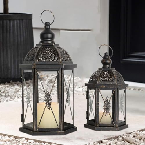 Large Lantern Decorative Outdoor & Indoor, Set of 2 (15’’&10’’) Metal Candle Lanterns Decor, Vintage Hanging Candle Holder for Front Porch Patio Wedding Farmhouse Home, Spring Decoration - Image 7