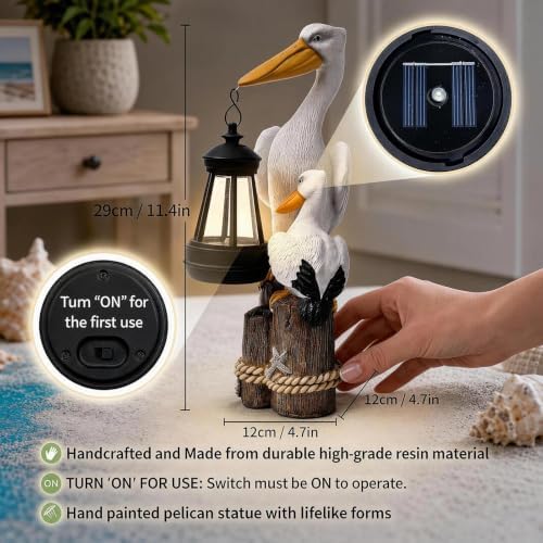 Solar Pelican Garden Statue with LED Lantern, 11.4 Inch Hand-Painted Resin Outdoor Figurine Light for Patio Lawn Yard, Coastal Bird Gift for Women Mom Grandma - Image 3