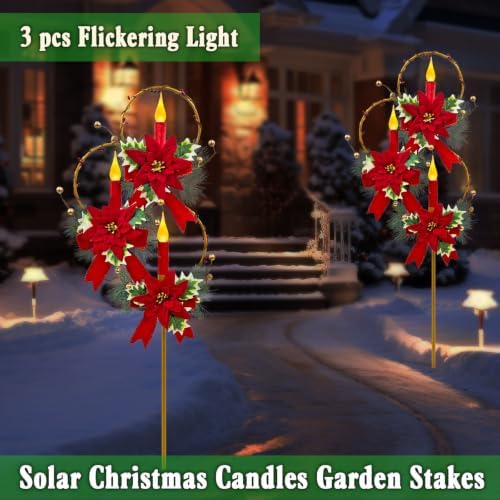 Solar Christmas Decorations Outdoor,Trio Holiday Red Candles Garden Stakes - Image 3