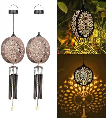 2 Pack Solar Wind Chimes for Outside, 43" Peacock Hanging Wind Chime Lantern with Wire, Deep Tone Memorial Wind Chime Decoration for Home, Patio, Garden, Yard, Multicolour Wind Chimes Gifts - Image 5