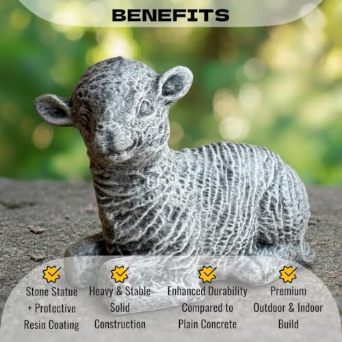 OLOMA Realistic Lamb Outdoor Garden Statue Handmade Farm Animal Sculpture Yard Lawn Patio Porch Flower Bed Decor Weather Resistant Cement Sheep Ornament Concrete Animal Accent Gift - Image 2