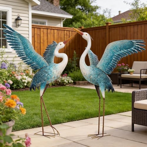 chisheen Garden Statue Outdoor Metal Heron Crane Yard Art Sculpture for Lawn Patio Backyard Decoration,46 inch (2-Pack) (White&Blue) - Image 4
