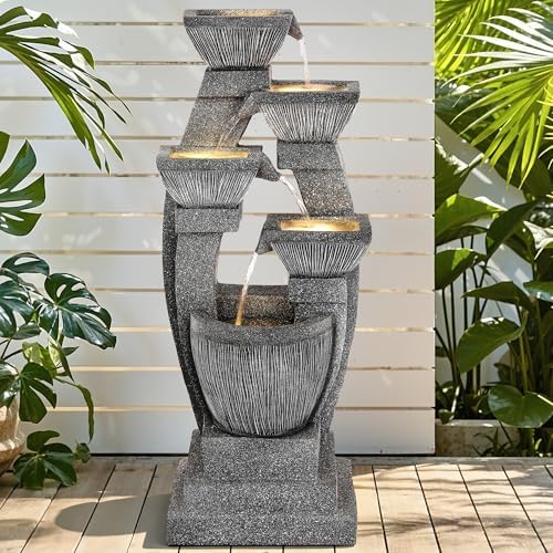 40.5" Outdoor Fountain LED 4-Bowl Cascading Waterfall, Gray by Ultym