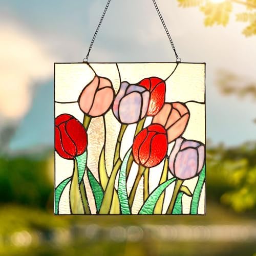 PA0004 Stained Glass Hanging Panel-12 Wx12 H Window Suncatcher Tiffany Style Window Ornament,Tulip Home Hanging Decorations - Image 3