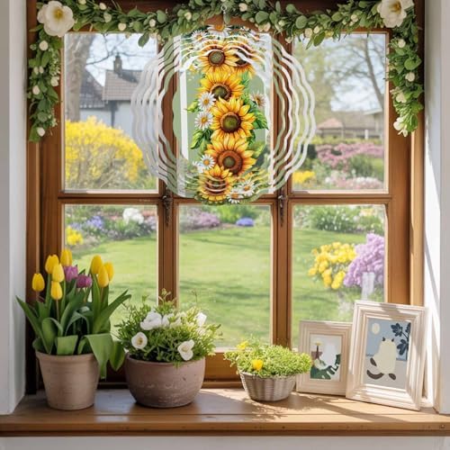 Wind Spinners for Yard Garden, Watercolor Sunflower Leaves on Green 3D Stainless Steel Round Hanging Spinners Indoor Outdoor Kinetic Yard Art,12 Inch, Summer Flower - Image 4