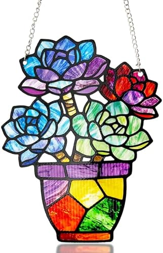 Plant Suncatcher Glass, Stained Glass Suncatcher Plant Window Hanging, Unique Nature Lover Gifts Leaf Idea (Succulent) by StainedGlassArtware